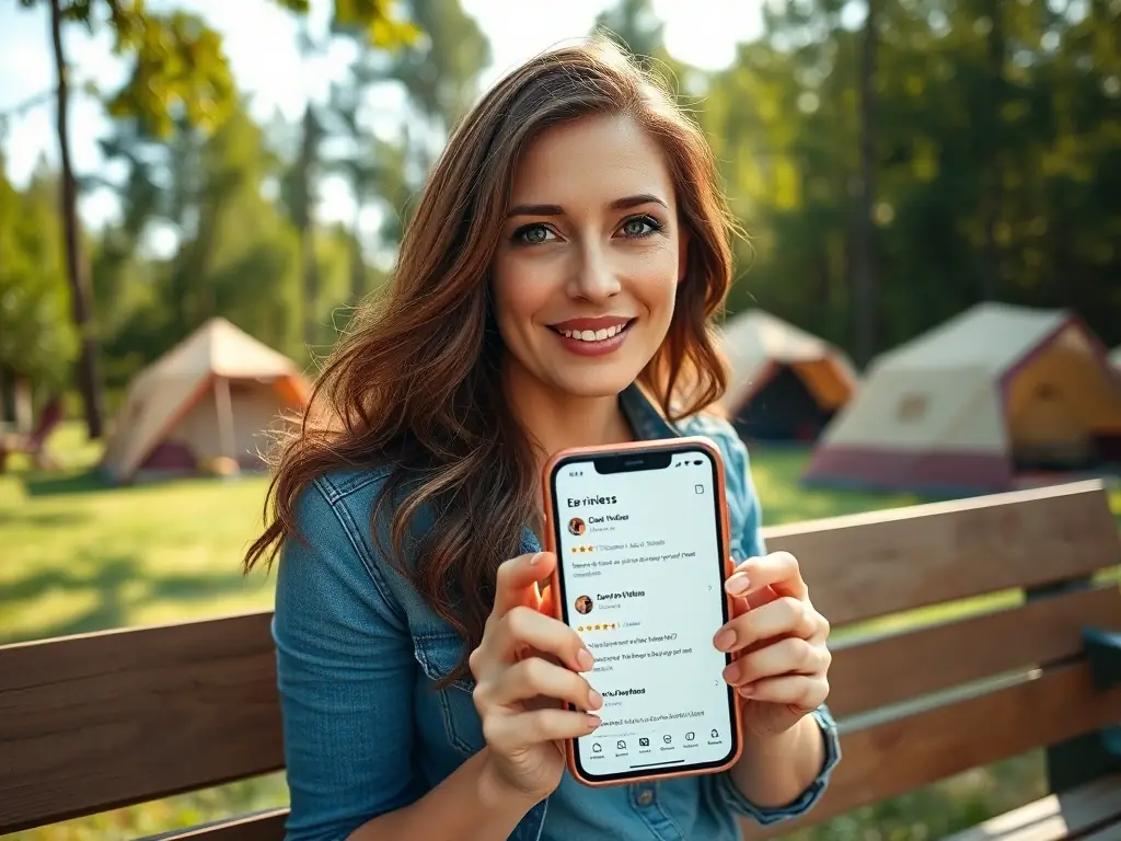 An image of a user reading reviews on a mobile device while sitting at a campsite.